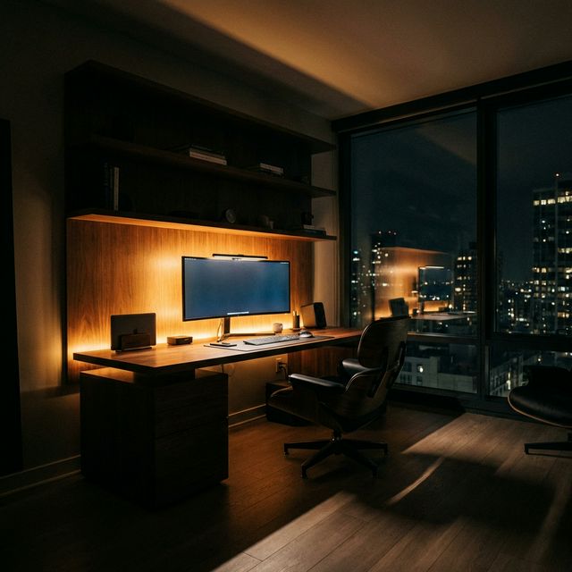 A walnut desk with a curved monitor and a light bar, at night
